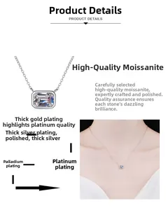 Detailed view of emerald-cut moissanite pendant with multi-layer rhodium plating finish