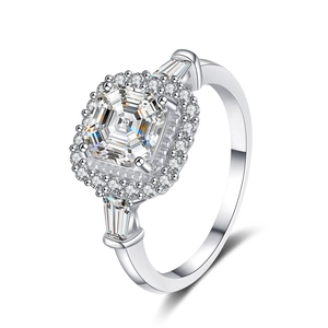 Classic S925 sterling silver ring with halo Asscher cut moissanite and side stones