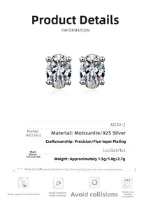 Detailed spec chart of 925 silver oval moissanite stud earrings in 1ct to 4ct sizes