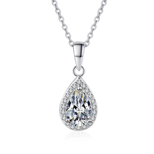 S925 sterling silver necklace featuring a pear cut moissanite pendant with halo setting