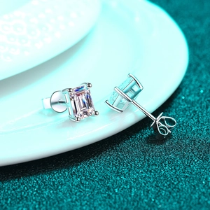 Elegant S925 sterling silver stud earrings featuring emerald cut moissanite in 4-prong setting