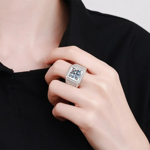 Luxurious S925 silver moissanite ring for men with square stone and halo setting