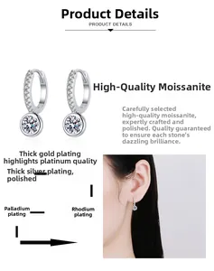 Detail view of S925 silver moissanite earrings with multi-layer rhodium and palladium plating