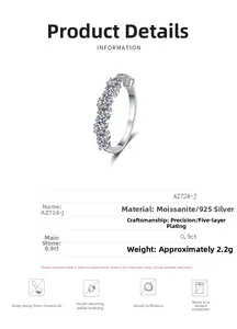 Detailed spec sheet for S925 silver moissanite ring with 0.9ct stone and 5-layer plating
