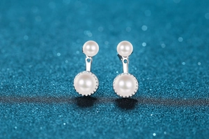 Close-up of S925 sterling silver earrings with moissanite and double white pearls