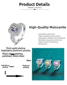 Detailed view of S925 silver rings with emerald cut pink and yellow moissanite stones