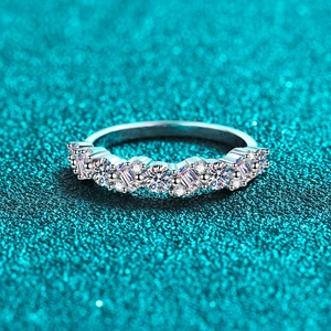 S925 Sterling Silver Moissanite Ring For Women Sparkling Round Baguette Cut Inlaid Half Eternity Band Wedding Engagement Jewelry