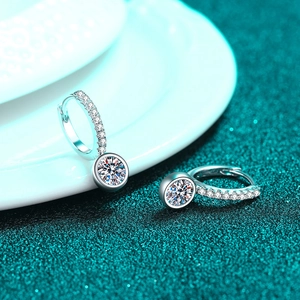 S925 sterling silver hoop earrings with round moissanite charms and pave setting