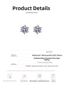 Detailed specifications for S925 silver 6-prong moissanite stud earrings with dimensions