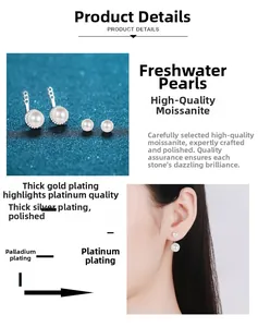 Macro detail of Moissanite freshwater pearl earrings with multi-layer rhodium plating