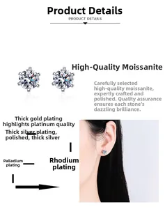 Detail of 6-prong moissanite stud earring featuring multi-layer thick gold plating process