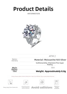 Detail of 10 carat moissanite ring made of S925 sterling silver with precision plating