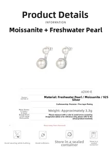 Detail view of S925 silver earrings with freshwater pearls and moissanite specifications