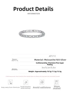 Détails du bracelet en argent sterling S925 avec pierres moissanite 3ct et placage complet