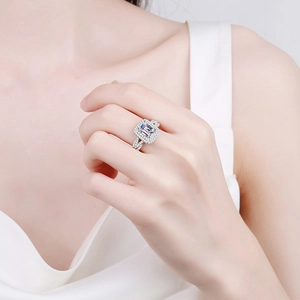 S925 sterling silver ring with large rectangular moissanite and halo diamond setting