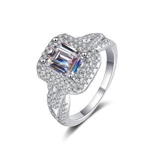 Luxurious S925 sterling silver ring featuring emerald-cut yellow moissanite and halo pave