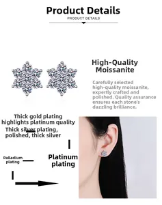 Detail of S925 sterling silver snowflake earrings with moissanite in six-prong setting