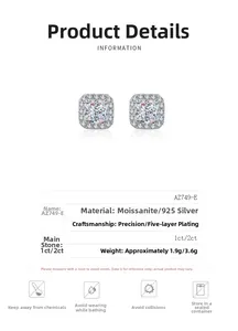 Detail view of square cushion cut moissanite earrings in S925 sterling silver halo setting