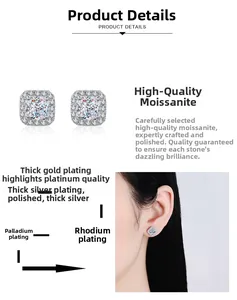 Detail of square-cut moissanite earrings showing multi-layer plating and model wearing