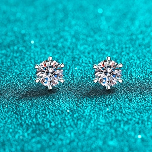 Classic 925 sterling silver 6-prong moissanite stud earrings with round cut gemstones