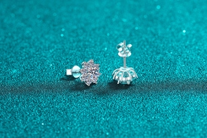 Close-up of S925 sterling silver snowflake earrings with moissanite stones and butterfly backs