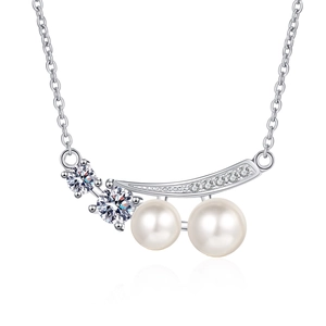 S925 sterling silver necklace with freshwater pearls and moissanite stones on white background