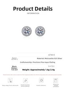 Detailed spec sheet for 925 silver moissanite stud earrings featuring 1ct or 2ct stones