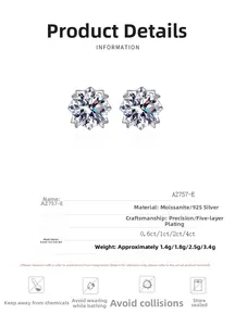 Specifiche dettagliate dei perni in moissanite in argento S925 con montatura a griffe
