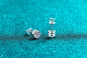 Detail of S925 sterling silver moissanite stud earrings with secure screw back closure