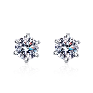 Classic 925 sterling silver six-prong moissanite stud earrings with round cut stones