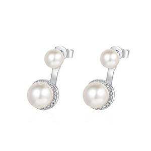 Classic S925 sterling silver double pearl stud earrings with sparkling moissanite accents