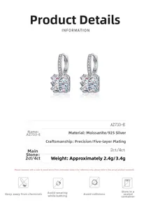 Detail view of square-cut Moissanite earrings with silver plating and size specs