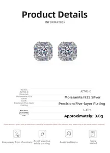 Detailed specs for S925 silver square halo moissanite earrings with 1.47ct main stones