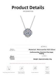 Detail view of 925 silver moissanite pendant necklace with 1.62ct stone parameters