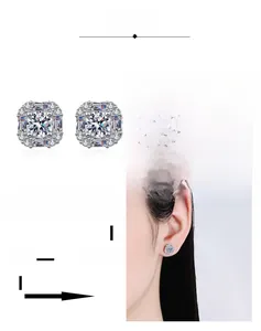 Detailed view of square Moissanite stud earrings featuring 925 silver multi-layer plating