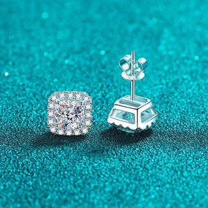 Classic S925 sterling silver halo stud earrings with square cushion-cut moissanite stones