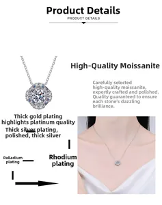 Detail of moissanite pendant necklace showing multilayer plating process and on-model view