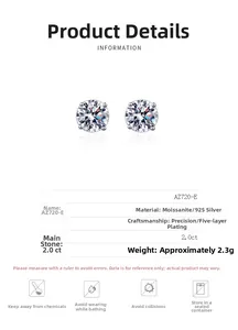 Detailed specs of 2ct Moissanite stud earrings in 925 silver with four-prong setting