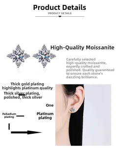 Détail d'une boucle d'oreille moissanite en argent S925 plaqué rhodium au motif flocon