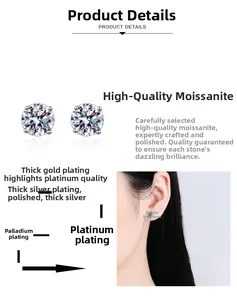 S925 sterling silver moissanite stud earring with detailed 4-prong setting and plating layers