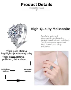 Détail de la bague en moissanite flocon de neige avec placage d'or épais et pierres latérales