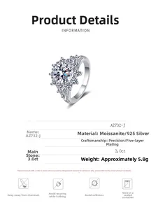 Vue macro d'une bague diamant moissanite 3,0ct en argent sterling 925 poli éclatant