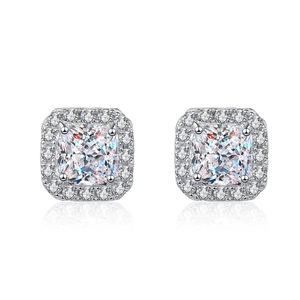 Classic S925 sterling silver square halo stud earrings with brilliant moissanite stones
