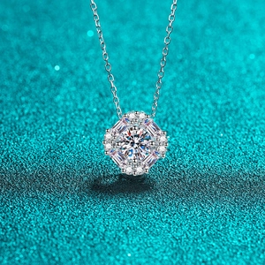 Luxury 925 Sterling Silver Moissanite Pendant Necklace For Women 1.62ct Round Cut Geometric Octagonal Halo Jewelry Gift