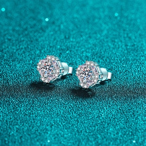 Elegant S925 sterling silver hexagonal halo stud earrings with brilliant moissanite stones