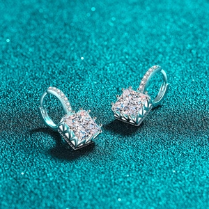 S925 sterling silver hoop earrings with princess cut moissanite and micro-pave crystals