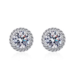 Classic round moissanite stud earrings in S925 sterling silver with twisted rope border