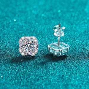 Sparkling S925 sterling silver square moissanite stud earrings with a halo design