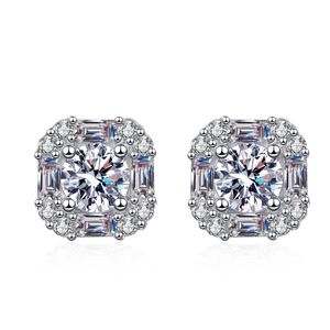 Sparkling S925 sterling silver square moissanite stud earrings with a halo design
