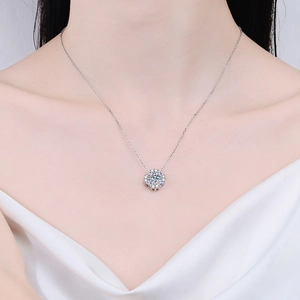 Elegant S925 sterling silver necklace with hexagon moissanite pendant worn by model